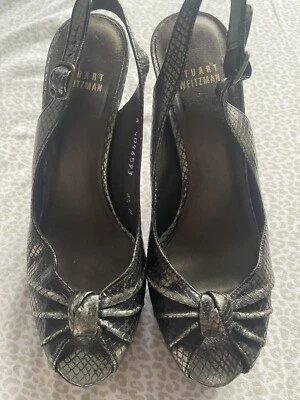 Stuart Weitzman Dark Gray Snake Print Peep Toe Stiletto Pumps Heels 6.5 M Spain - Image 1 of 4