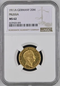 1911A GERMANY PRUSSIA 20M GOLD NGC MS 62 - Picture 1 of 4