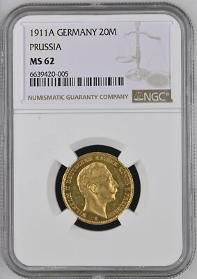 1911A GERMANY PRUSSIA 20M GOLD NGC MS 62 - Image 1 of 4