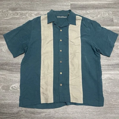 Caribbean Short Sleeve Button Down Shirt Bowling Men Size XL Cuban Style Teal - Image 1 of 4
