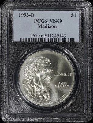 1993-D $1 James Madison Bill of Rights Commem Silver Dollar PCGS MS 69 | UNC BU - Image 1 of 4