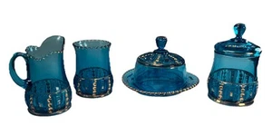 Antique Riverside Glass Co. 4-pc Table Set Victorian Seed Pod Olympia Blue Gold - Picture 1 of 24