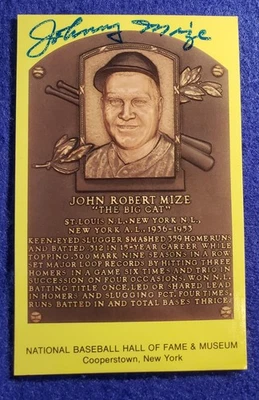 Johnny Mize 1964 Hall Of Fame Yellow Plaque PSA/DNA Authentic Signed Yankees  - Image 1 of 2
