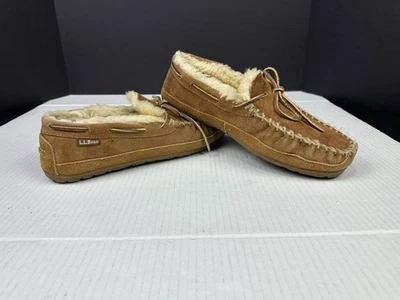LL Bean Moccasins Mens Light Brown Suede Dyed Lambs Fur Slippers Size 9M - Image 1 of 4