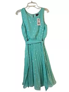 Sz 14 Girls' Sleeveless Dress. Aqua with Silver Polka Dots, Polyester New - Picture 1 of 7