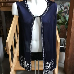 Vintage Vest 30's 40's Navy blue beaded Sleeveless Long 8 - Picture 1 of 3