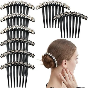 8Pcs Rhinestone Pearl Black Hair Side Combs Crystal Decorative for Women Girls - Picture 1 of 7