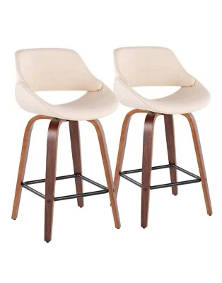 Lumisource Fabrico 38 In. Cream Faux Leather And Walnut Wood High Back Stool 2pc - Image 1 of 4