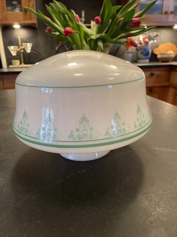 White & Green,Arts & Crafts, Art Nouveau, Milk Glass Globe, Shade, 3 7/8” Fitter Cover