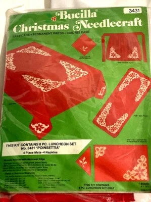 Vintage Bucilla Christmas Needlecraft #3431 8-piece luncheon set Poinsettia - Image 1 of 2