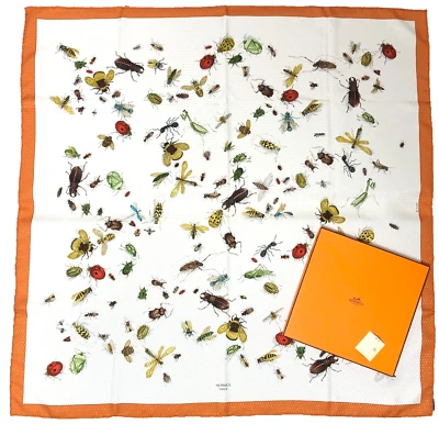 Rare!! HERMES Silk Scarf Les Insectes Bug Insect France 90 White x Orange w/ Box - Image 1 of 4