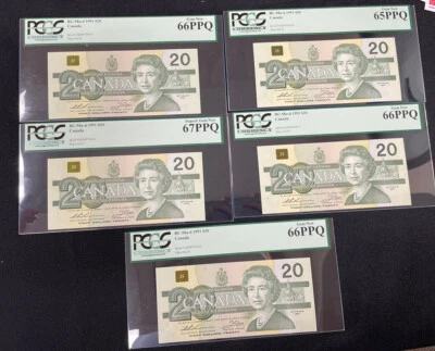 1991 Bank Of Canada $20 Lot of 5 Consecutive All PCGS Gem 65/66/67   A4 - Image 1 of 2