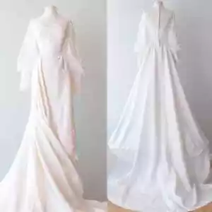 Vintage Wedding Dresses Long Sleeves Ivory Satin Train 1960s Retro Bridal Gowns - Picture 1 of 10