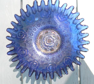 Antique FENTON BLUE CAPTIVE ROSE BOWL 1921 Ruffled Edge Carnival Glass Lovely! - Picture 1 of 9