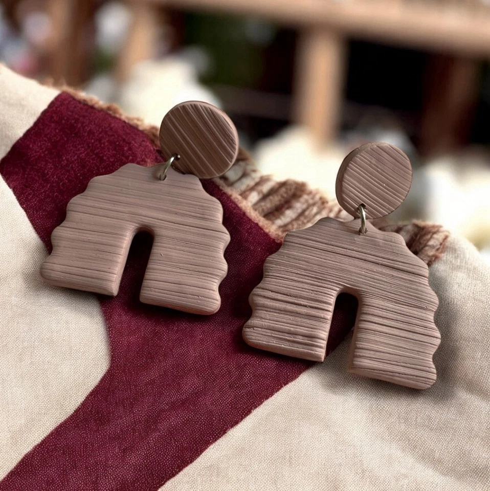 Neutral Arched Taupe Textured Dangling Earrings - Image 1 of 4