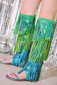 New Women's Open Toe Fringe Knee High Gladiator Boho Flat Sandal Stretchy w/ Zip - Picture 1 of 11