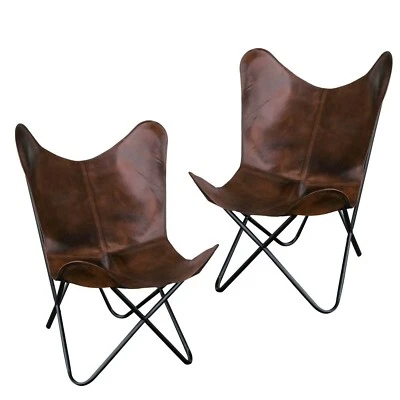 2pcs Retro Buffalo Leather Butterfly Chair Folding Comfortable Relaxing Armchair - Image 1 of 4