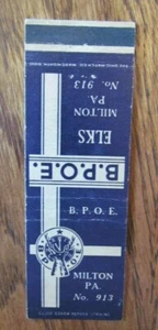 FRATERNAL MATCHBOOK COVER: ELKS LODGE NO. 913 (MILTON, PENNSYLVANIA) -G9 - Picture 1 of 1