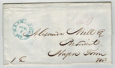 1843 STAMPLESSS FOLDED LETTER BALTIMORE MARYLAND BLUE CANCEL 20c - Image 1 of 2