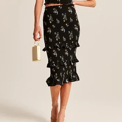Abercrombie & Fitch Black Floral Smocked Midi Skirt Ruffle Pencil Skirt Size S - Image 1 of 4
