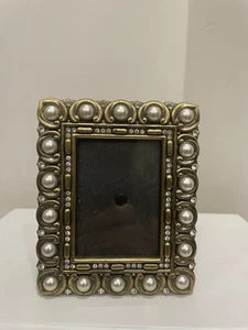 Vintage Picture Frame Bronze White Pearl Rhinestone Decor Hollywood Regency Glam - Picture 1 of 10