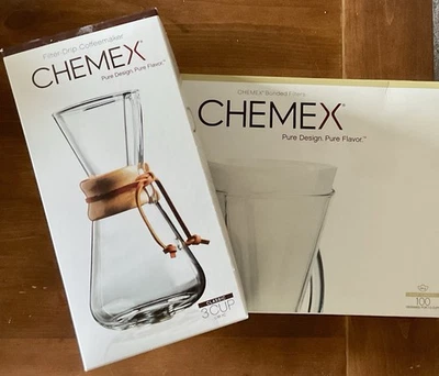 Cafetera jarra de vidrio para verter más de 3 tazas de CHEMEX y 100 filtros CHEMEX NUEVA Foto 1 de 4