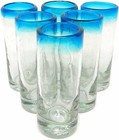 Hand Blown Mexican Tequila Shot Glasses – Set of 6 Aqua Rim Tequila Shot...
