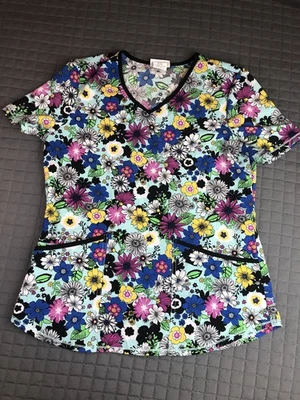 ScrubStar Short Sleeve Scrub Top Blue Flower Print V-Neck Stretch Women’sSize S  - Image 1 of 4