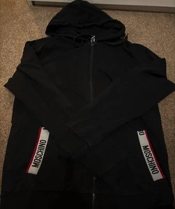 MOSCHINO Hoodie Mens Size S Zip-Up Hooded Crew Neck Pockets Logo Cotton Black - Picture 1 of 6