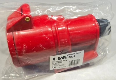 32A 3 Phase Socket 3P+N+E IP44 Surface Mount LVE S325 5 Pin 4 Red Cable Mounted - Image 1 of 4