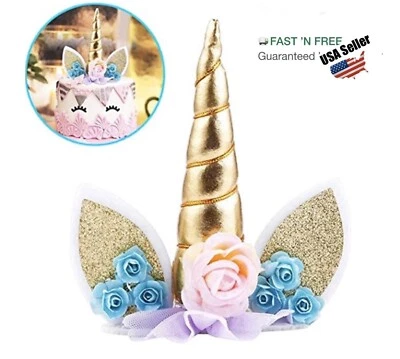 UNICORN HORN CAKE TOPPER Birthday Baby Shower  Decorations With Eyelashes - Image 1 of 4