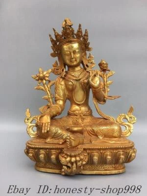 12" Templo Tibetano Bronce Verde Dorado Tara Kwan-Yin GuanYin Diosa Buda Estatua Foto 1 de 4