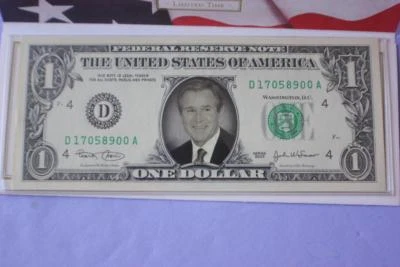 US COLORIZED $1 BANK NOTE PRESIDENT GEORGE W. BUSH UNCIRCULATED BILL IN FOLDER - Image 1 of 4