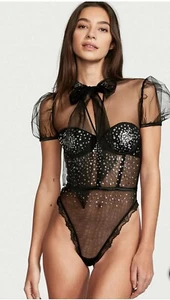Victoria's Secret Very Sexy Embellished Demi Bow Teddy Bodysuit sz XL black - Picture 1 of 3