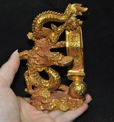 Estatua larga de dragón riqueza fengshui dorado de bronce chino antiguo de 4,8" Foto 1 de 4