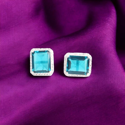 纯银耳钉立方氧化锆和磷灰石矩形耳环 — 第 1/4 张图片