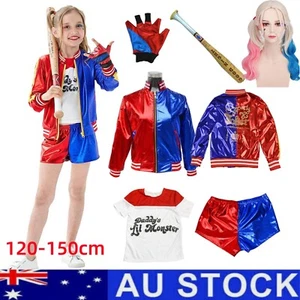 Halloween Harley Quinn Kids Jacket Shorts Costume Outfit & Baseball Bat Cosplay - Picture 1 of 19