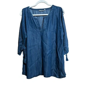 Blusa Tencel Soft Surroundings Top Mujer Pequeña Azul Denim Hombro Frío - Imagen 1 de 9
