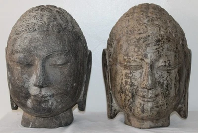 Par de bustos/cabeças de Buda grandes de pedra esculpida 40+ libras 12 polegadas de altura - Imagem 1 de 4