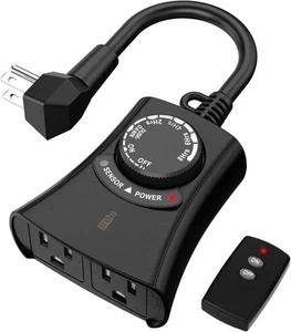HBN Temporizador de Luz Exterior con Control Remoto, Sensor de Luz Impermeable, 2 Tomas - Imagen 1 de 7