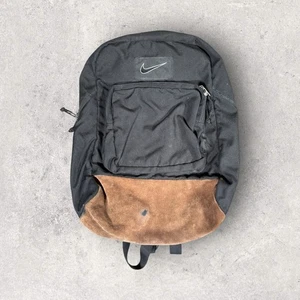Vintage 90s Nike Backpack Black Brown Suede Bottom Center Swoosh Rare *Flaw* - Picture 1 of 12