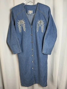 Vintage Monique Moden Stickerei verziert blau Denim lange Staubmantel Jacke - Bild 1 von 8
