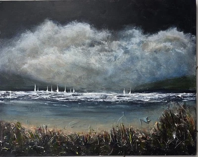  Original Acrylic Painting Canvas Coastal Landscape Boats Sailing  Dusk - Image 1 of 4