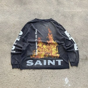 De colección Y2K Saint Michael Amanecer a Atardecer Manga Larga Logo Llama Desteñido Destrozado - Imagen 1 de 11