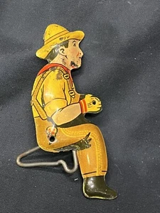 EARLY TIN FARM WAGON OR TRACTOR MAN  SOMBRERO STRAW HAT BIB JEANS OVERALLS  - Picture 1 of 5