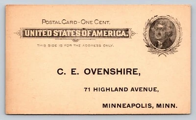 1897 UX14 Postal Card Jefferson 1c C.E. OVENSHIRE St. John's Chapter No. 9 RAM - Image 1 of 3