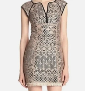 NWT Nanette Lepore Dress Size 4 Ferocious Fringe Tan Black Lace Knit Sleeveless - Picture 1 of 9