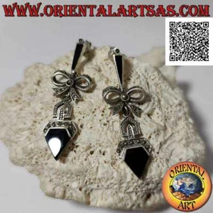 Pendientes Plata 925‰ Tachonado De Marcasita Con Lazo Y Ónix en Forma De - Imagen 1 de 5