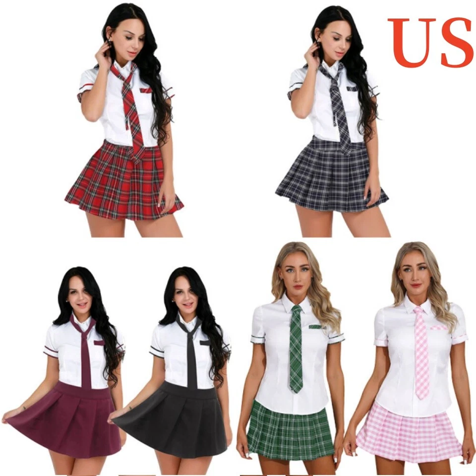Mujeres Colegialas Uniforme Manga Corta Camisa Falda a Cuadros Juegos con disfraces Foto 1 de 3