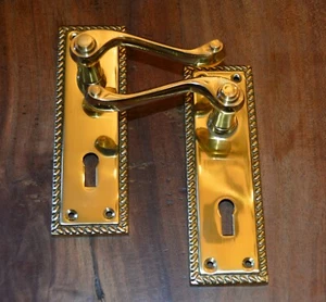 Solid Polished Brass Georgian Scroll Door Handles With Keyhole (JG1) - Picture 1 of 2